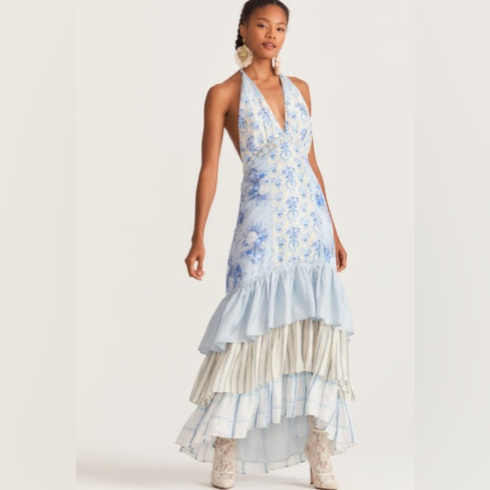 Loveshackfancy Sicilia Floral Blue Silk Halter Maxi Dress Gown size 2